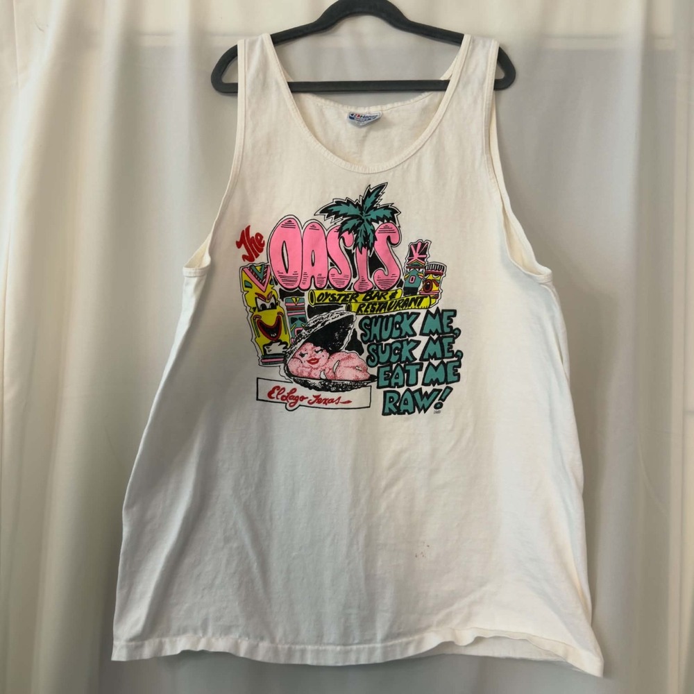 Vintage Hanes Beefy-T XL The Oasis El Lago Texas Tank Tiki Beach Club 90s Retro